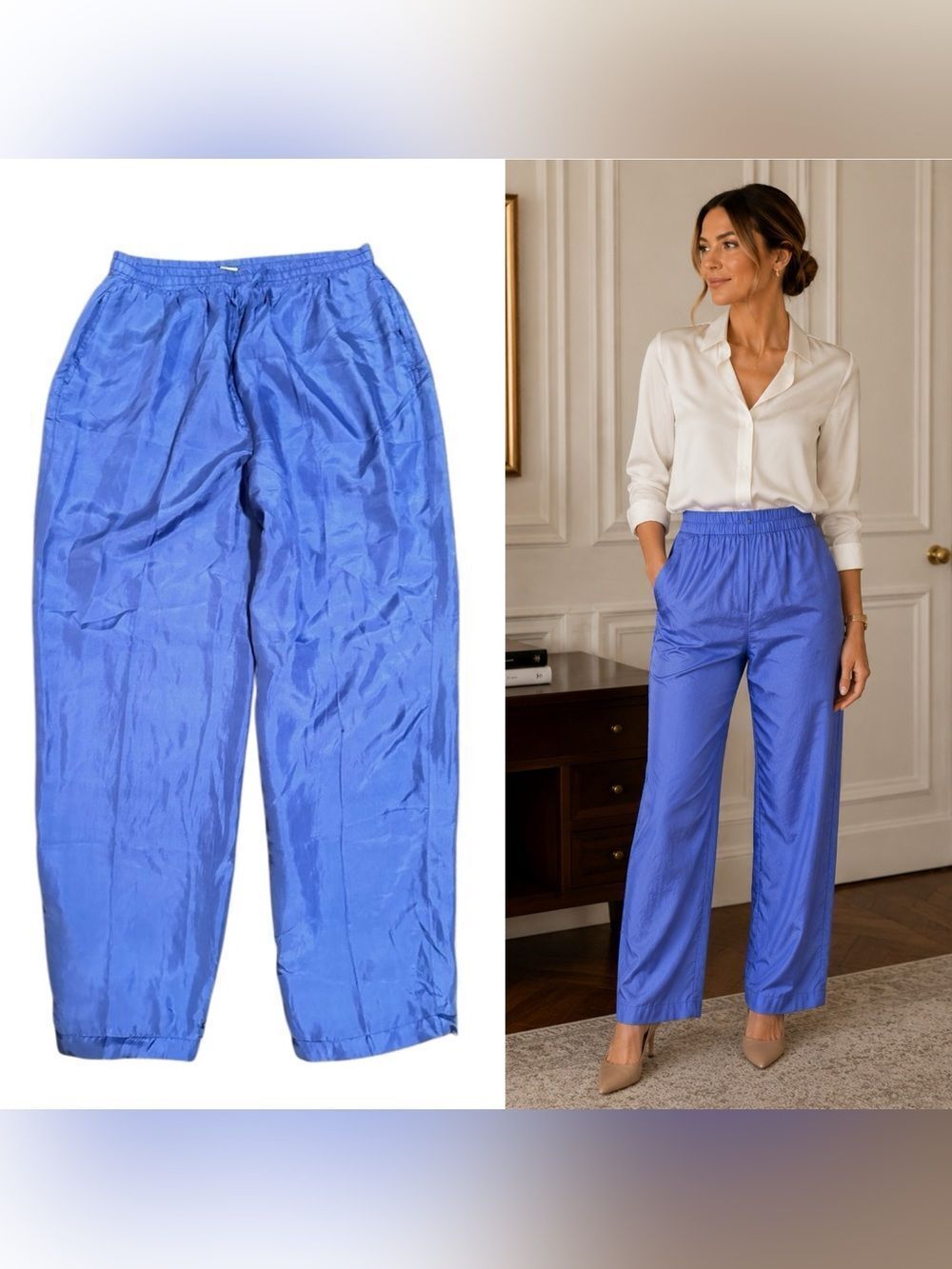 Vintage 100% Silk Blue Parachute Pants size Large Lined Y2K Windbreaker